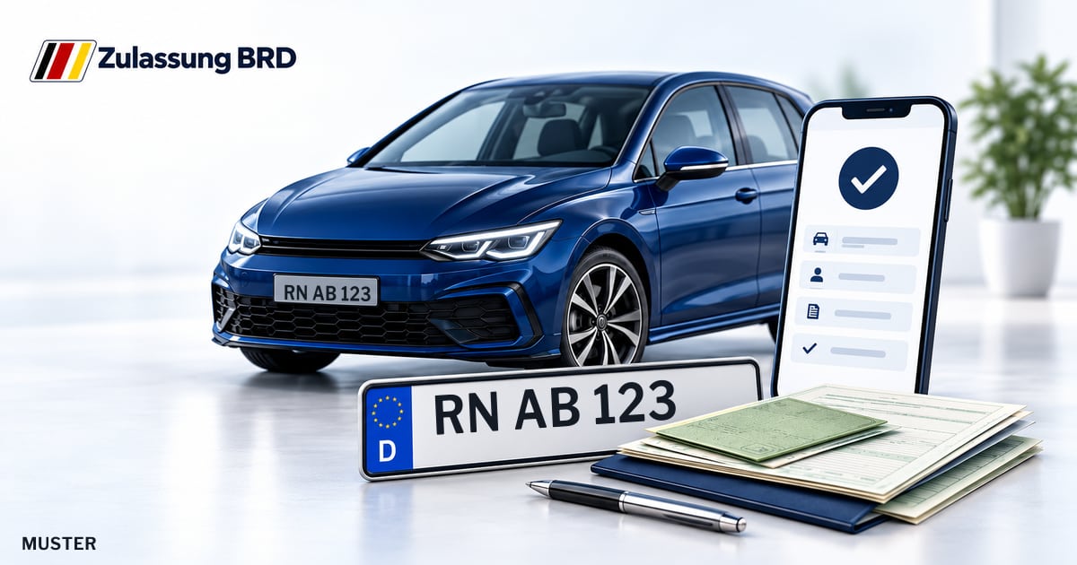 Online Fahrzeugzulassung in Schönwalde-Glien: Musterkennzeichen RN AB 123, Auto und Fahrzeugpapiere und Smartphone. Illustration mit Logo von Zulassung BRD.